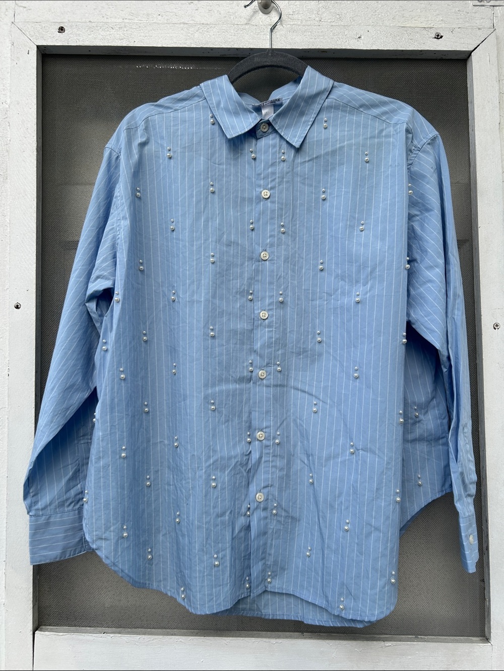 Blue Pinstripe Button-Up Shirt with Pearl Embellishments